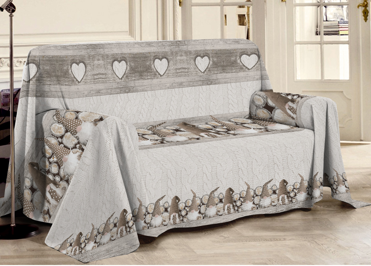 foto del prodotto telo arredo linea pensieri delicati in 100 cotone disegno gnomi colore beige matrimoniale beige