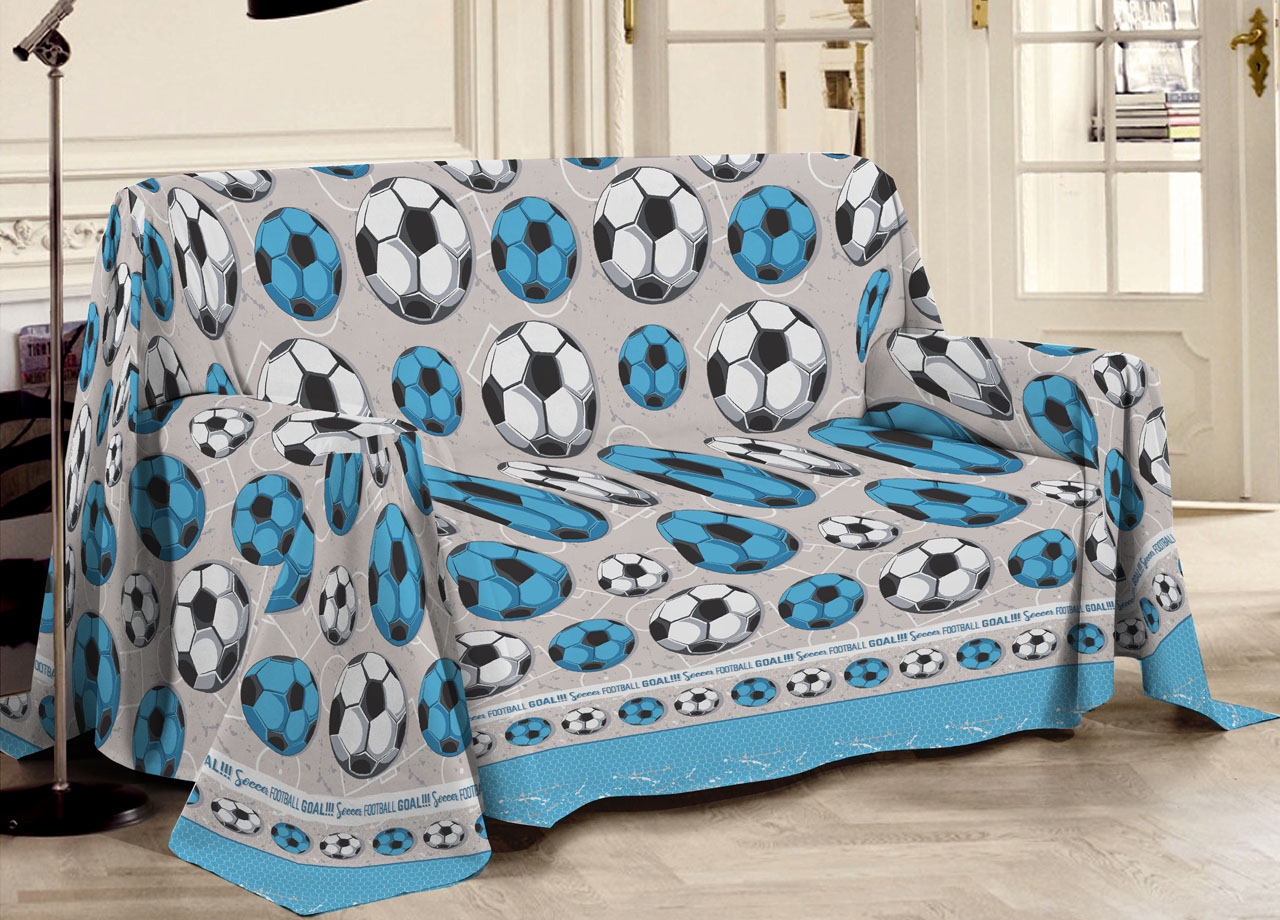 foto del prodotto telo arredo multiuso linea pensieri delicati in 100 cotone disegno calcio matrimoniale azzurro