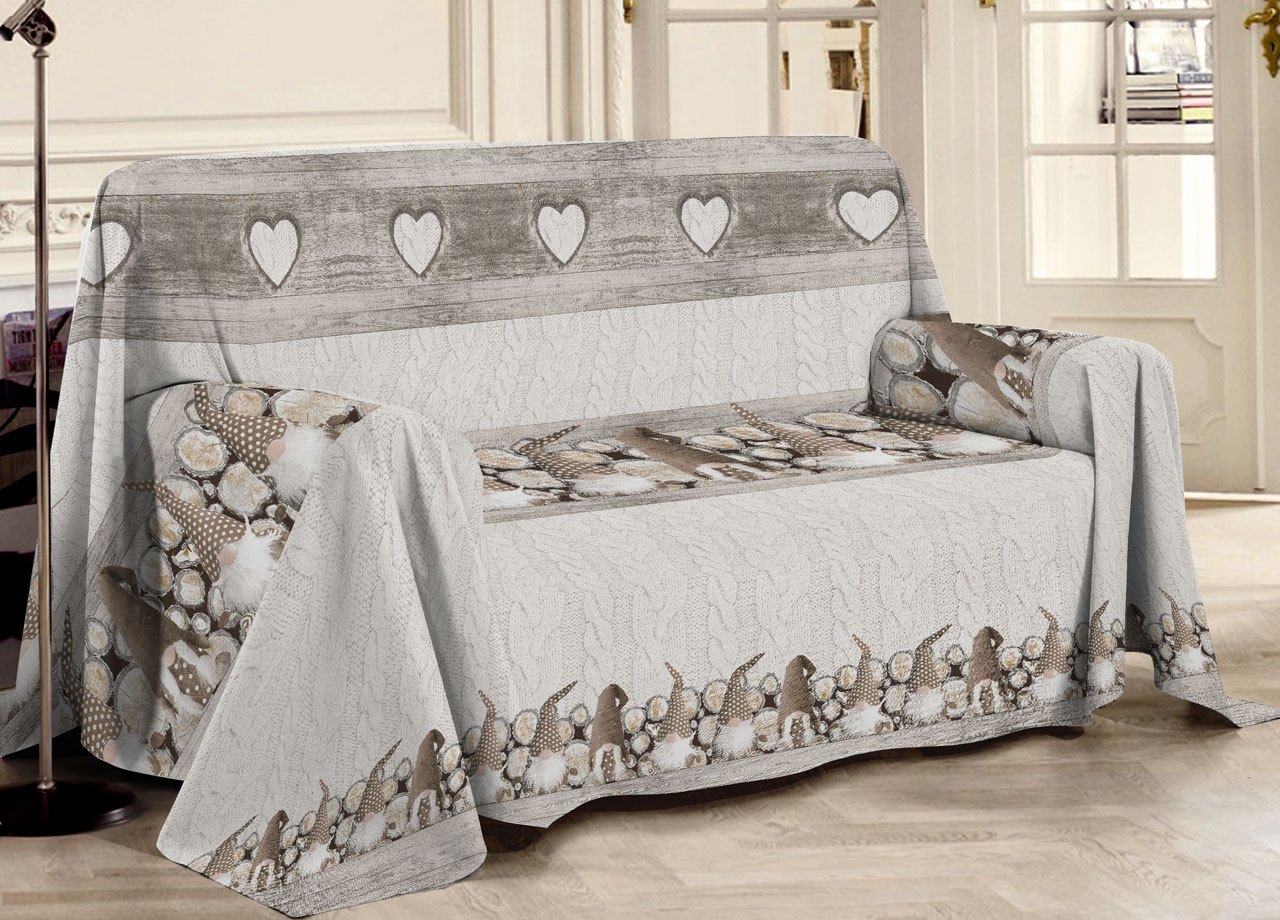 foto del prodotto telo arredo multiuso linea pensieri delicati in 100 cotone disegno gnomi matrimoniale beige