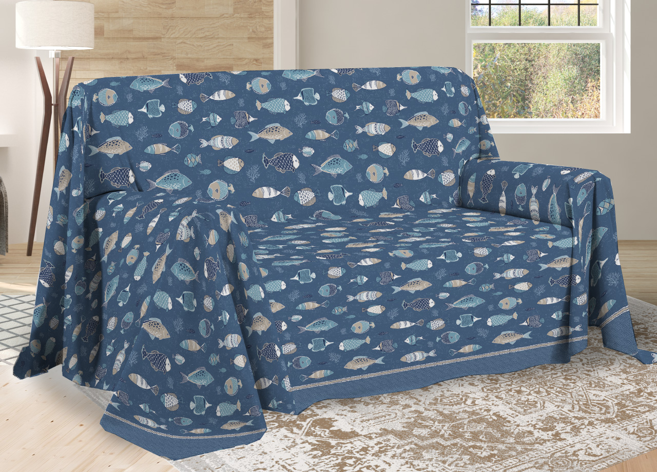 foto del prodotto telo arredo multiuso linea pensieri delicati in 100 cotone disegno oceano matrimoniale blu