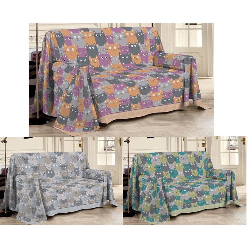 foto del prodotto telo arredo multiuso linea pensieri delicati in cotone disegno happy cat, misurasingolocoloreverde