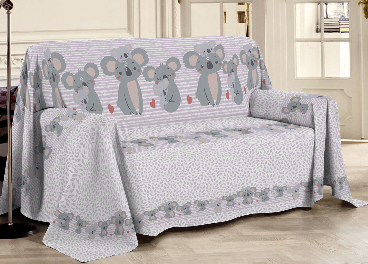 foto del prodotto telo arredo multiuso linea pensieri delicati in cotone disegno koala family matrimoniale rosa