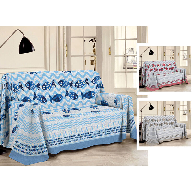 foto del prodotto telo arredo multiuso linea pensieri delicati in cotone disegno pesciolini, misurasingolocoloreblu