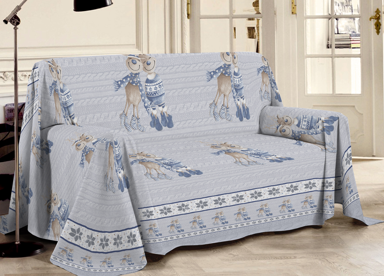 foto del prodotto telo arredo multiuso linea pensieri delicati in cotone disegno renna blu matrimoniale blu