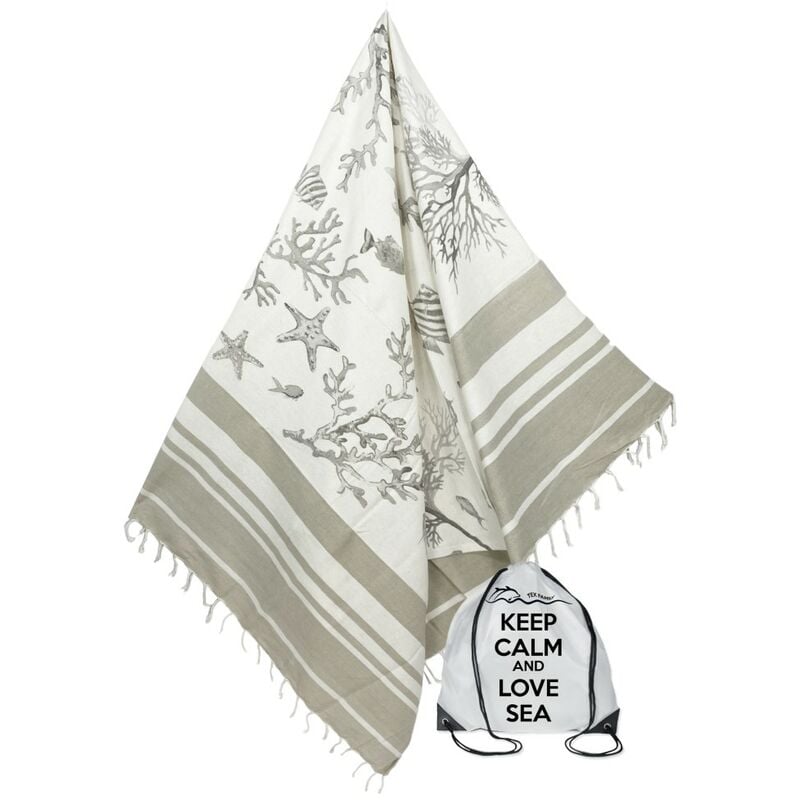 foto del prodotto telo mare fouta coralli beige misura grande cm.100x200 con zaino spiaggia keep calm