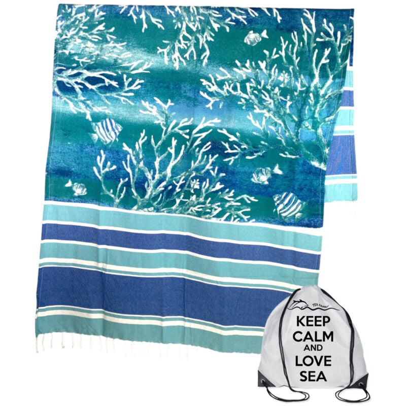 foto del prodotto telo mare fouta coralli piantine misura grande cm.100x200 con zaino spiaggia keep calm