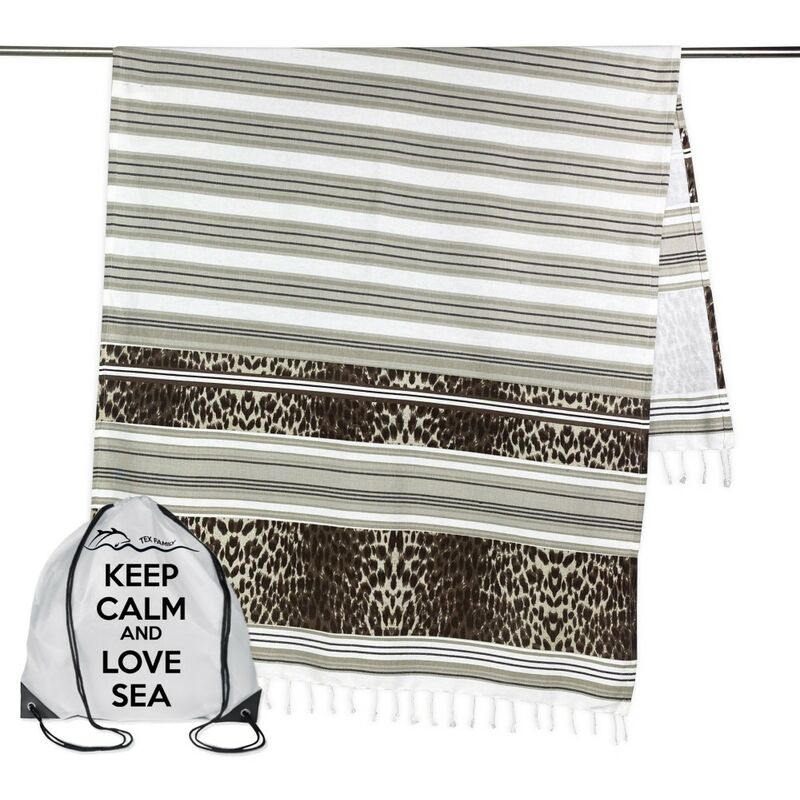 foto del prodotto telo mare fouta leopardato misura grande con zaino spiaggia keep calm cm.100x200