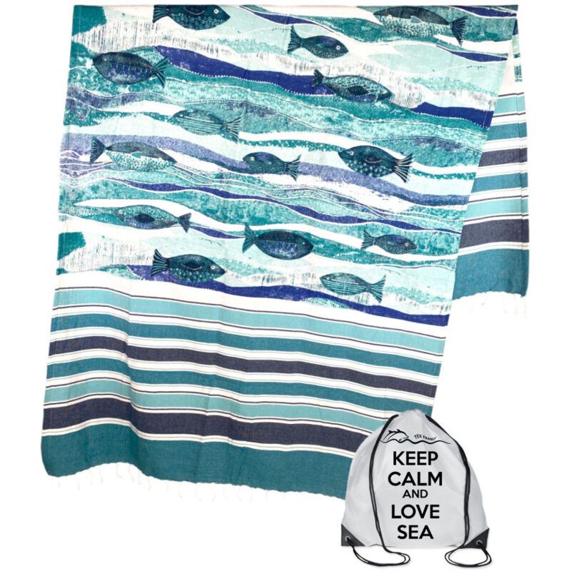 foto del prodotto telo mare fouta pesci blu grande cm.100x200 con zaino spiaggia keep calm