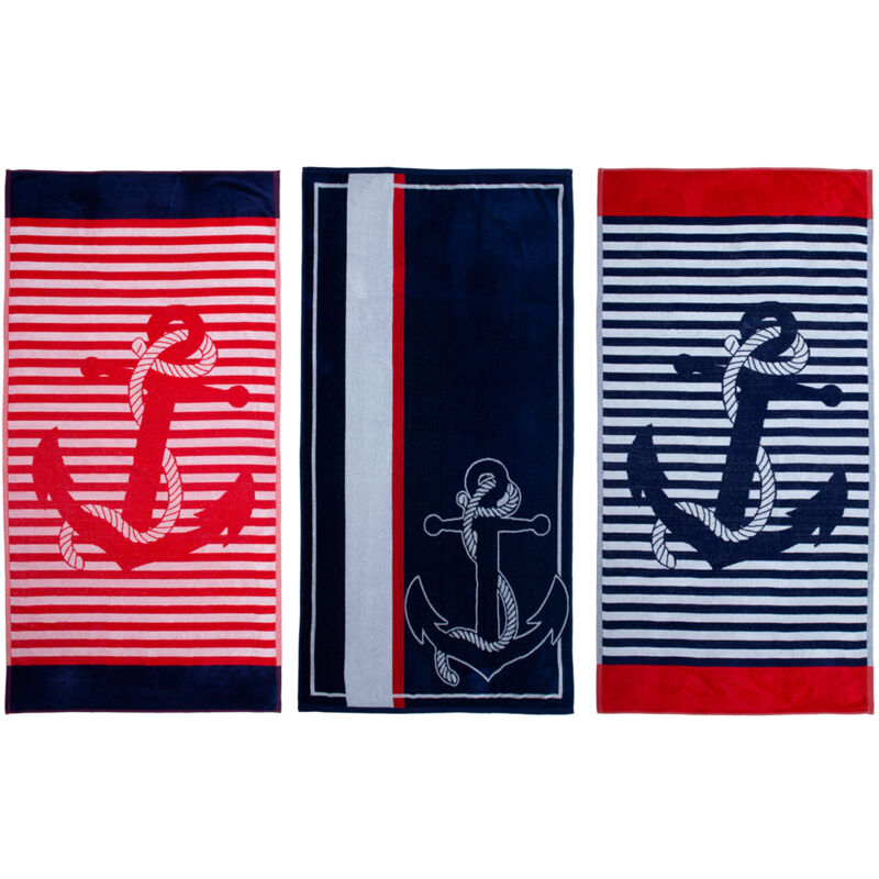 foto del prodotto telo mare jacquard spugna asciugamano spiaggia disegno nautical anchor, misuratelo marecolorerosso blu 1
