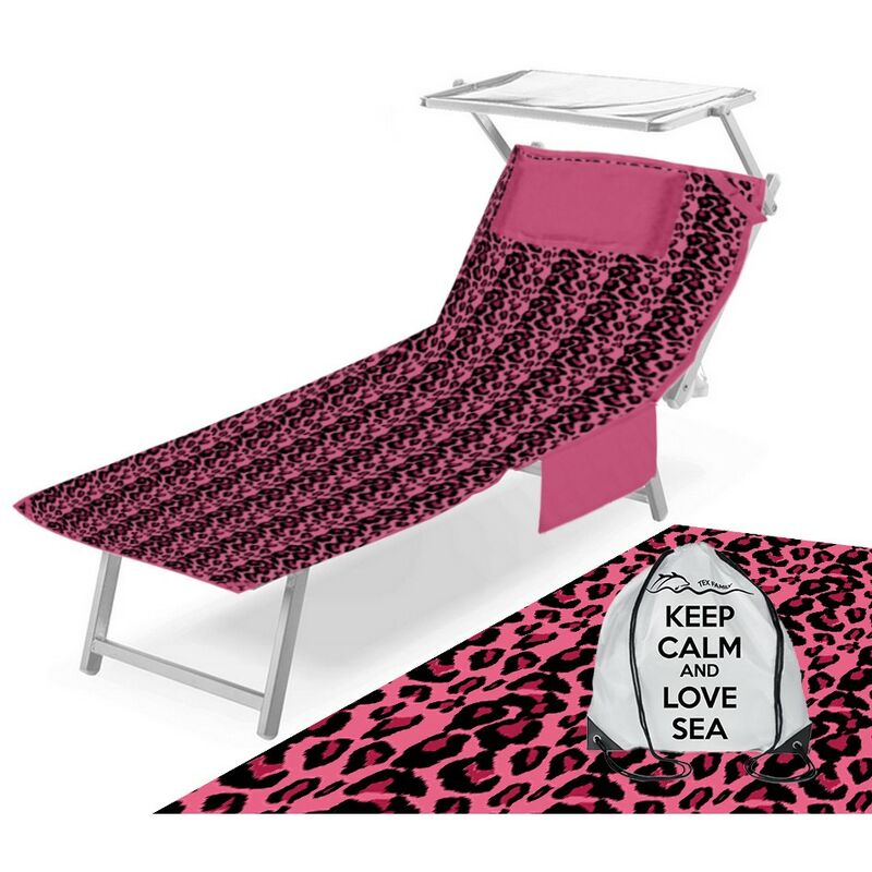 foto del prodotto telo mare lettino teddy leopardo rosa in microfibra con tasche misura cm. 80 x 190