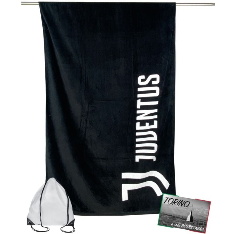 foto del prodotto telo mare sport juve scritta misura grande cm. 90 x 170 originale juventus con zaino portatelo e cartolina torino 
