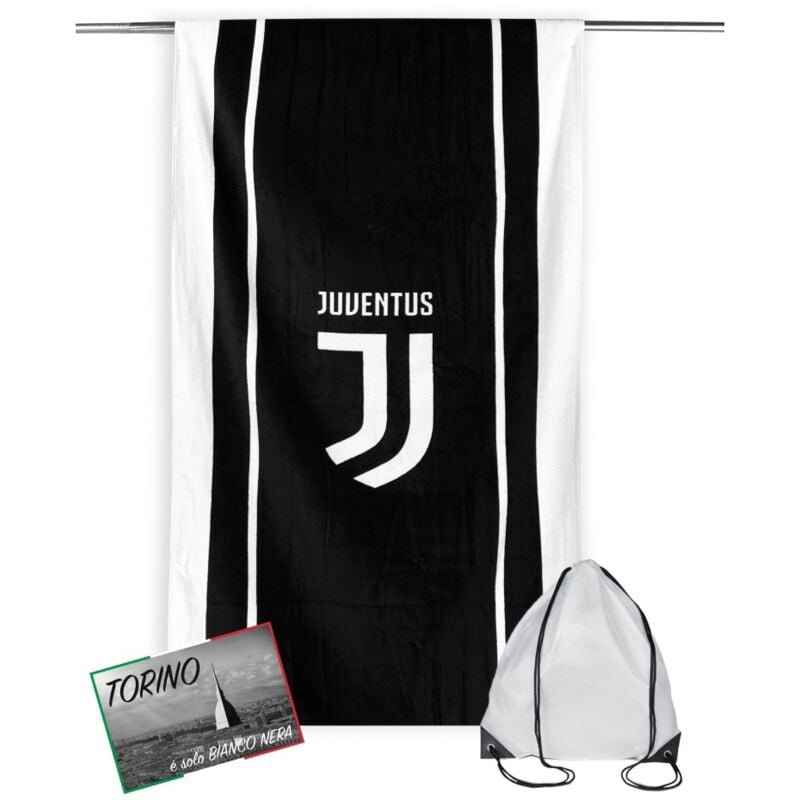 foto del prodotto telo mare sport juve scritte misura cm.70x140 originale juventus con zaino portatelo e cartolina torino 