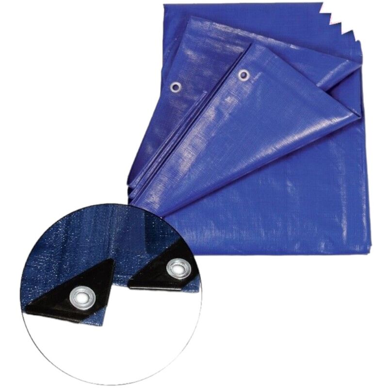foto del prodotto telo telone occhiellato impermeabile angoli rinforzati blu polietilene 90 gr m 5x6 mt misure 8x10 mt