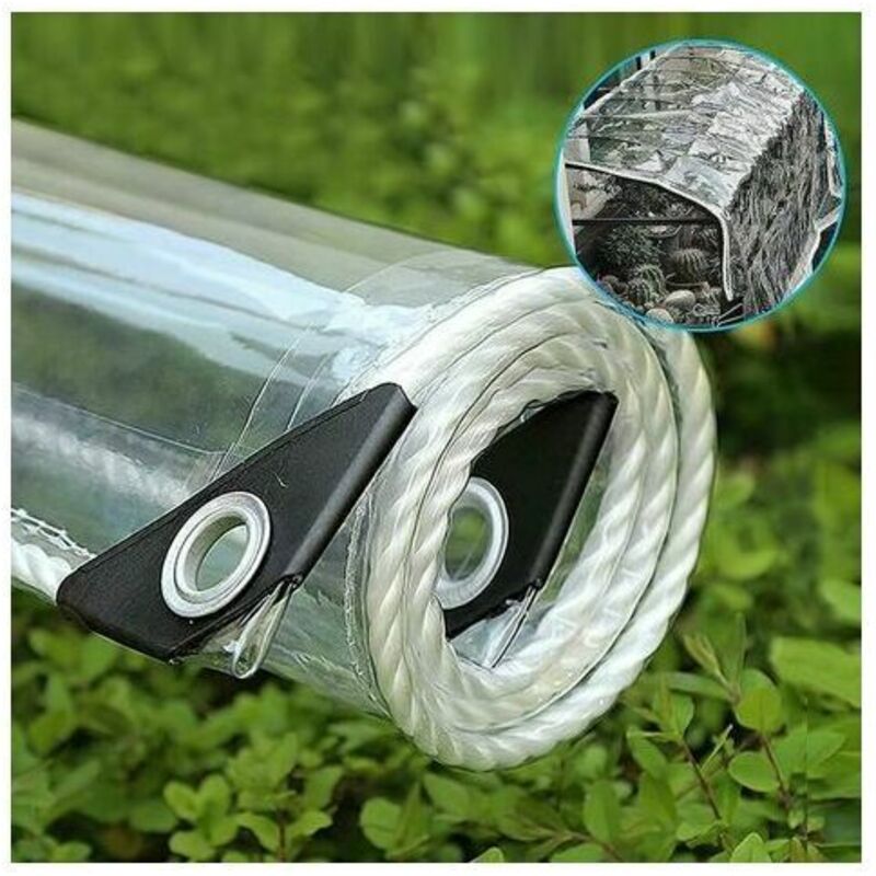 foto del prodotto telone industriale trasparente con occhielli, telo di plastica impermeabile trasparente da 0,35 mm, telo di copertura per pergolato in pvc resistente