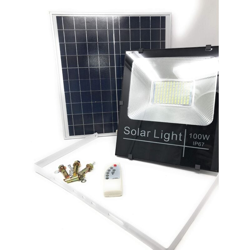 foto del prodotto tempo di saldi faro a led da 100w smd luce bianca con pannello solare, sensore e telecomando