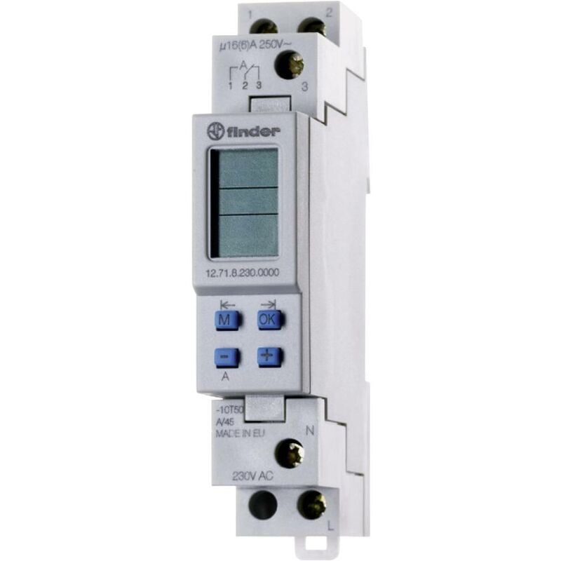 foto del prodotto temporizzatore per guida din tensione di funzionamento 230 v ac 12.71.8.230.0000 1 scambio 16 a 250 v ac progra finder