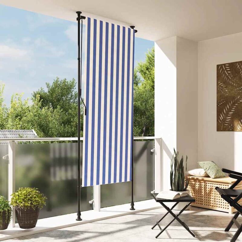 foto del prodotto tenda a rullo esterno blu e bianca 120x270cm tessuto e acciaio