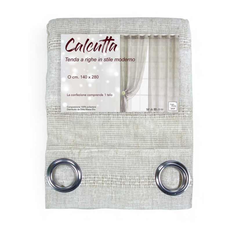 foto del prodotto tenda calcutta a righe pannello moderno 140x280 cm effetto lino colore panna e avorio con anelli in acciaio