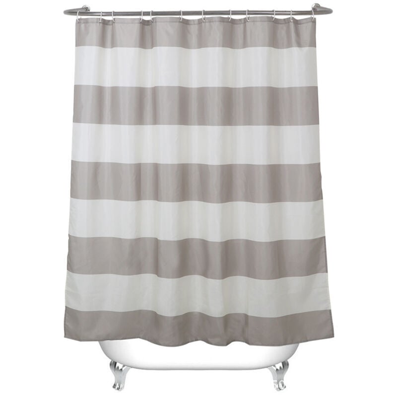 foto del prodotto tenda da doccia a righe color tortora con 12 ganci, tenda in tessuto beige impermeabile e antimuffa per il bagno, 180 x 180 cm sollbry