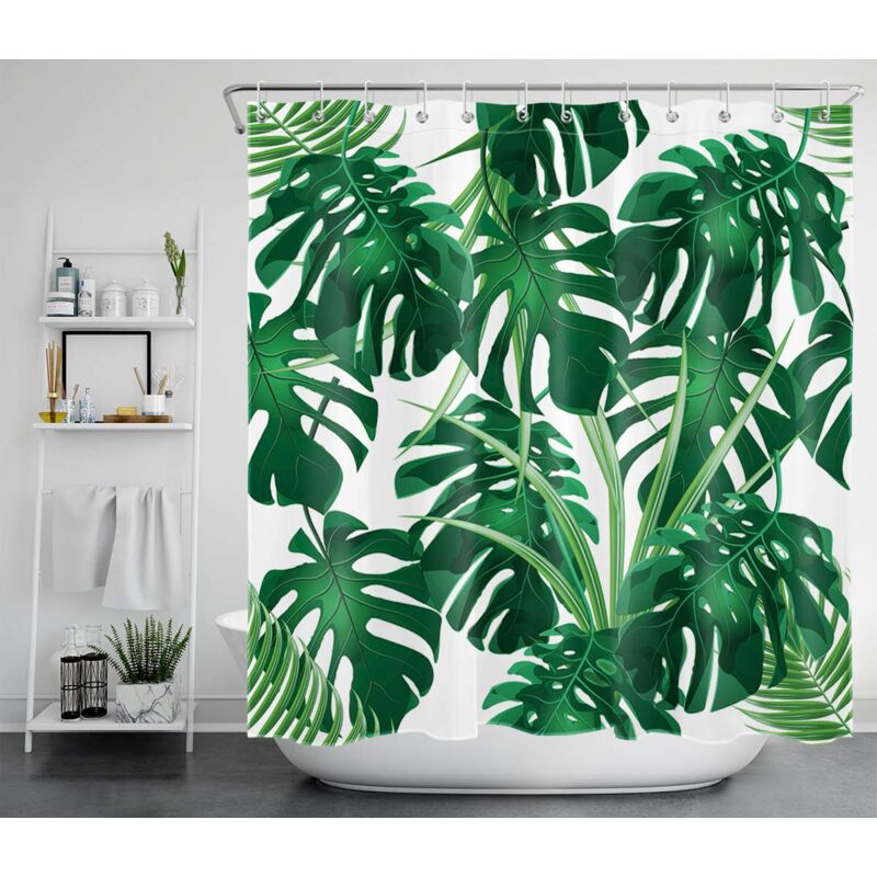 foto del prodotto tenda da doccia antimuffa, 180 x 200 cm, tende da bagno con foglie verdi e bianche, pianta tropicale monstera nella foresta, tessuto in poliestere