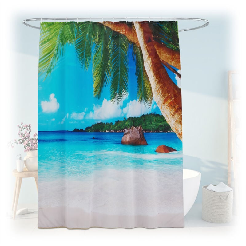 foto del prodotto tenda da doccia antimuffa, 180x200 cm, tendina vasca da bagno, 12 anelli, in poliestere lavabile, design palme relaxdays