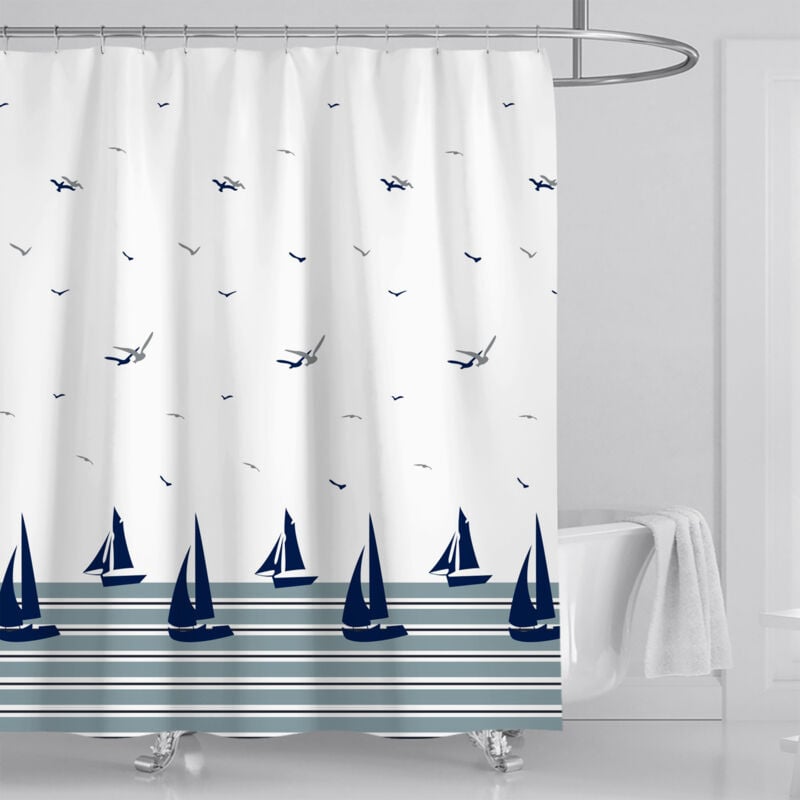foto del prodotto tenda da doccia blu nautica, tenda da bagno con motivo oceano costiero, in tessuto di poliestere, antimuffa, impermeabile, lavabile, 180 x 180 cm,