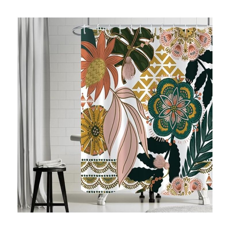 foto del prodotto tenda da doccia boh mien, tenda da doccia in stile boho con fiori rosa e foglie verdi, tenda da bagno antimuffa, impermeabile, in poliestere,