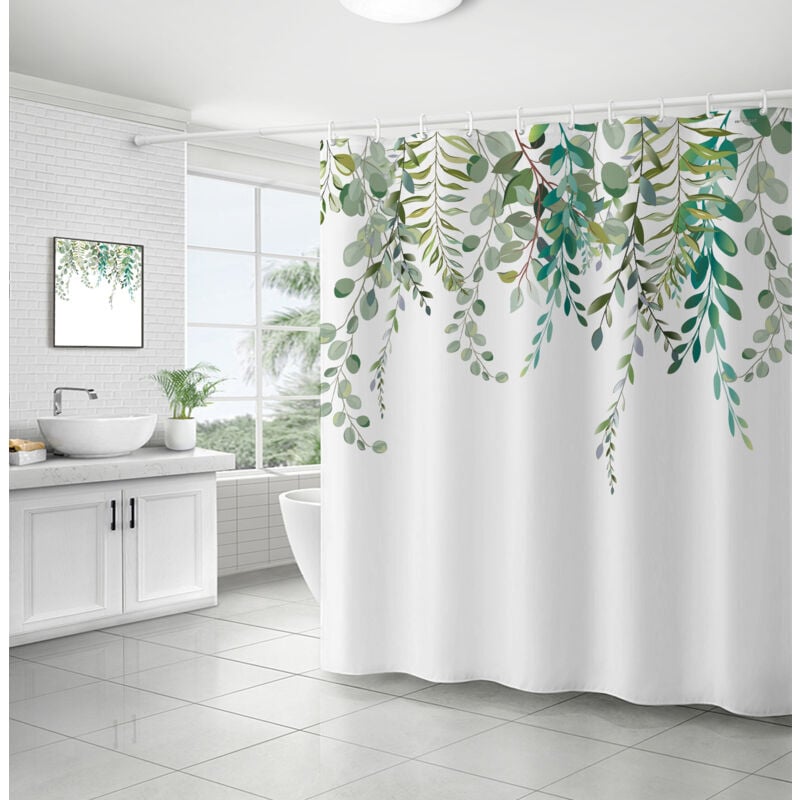 foto del prodotto tenda da doccia con foglie verdi botaniche ad acquerello, piante, rami, bouquet, motivo floreale, eucalipto, con sfondo bianco, tessuto in