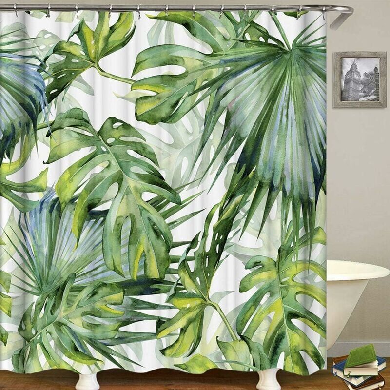 foto del prodotto tenda da doccia con pianta di palma tropicale giungla tende da doccia in tessuto verde antimuffa originali con 12 ganci 90 cm 180 cm 
