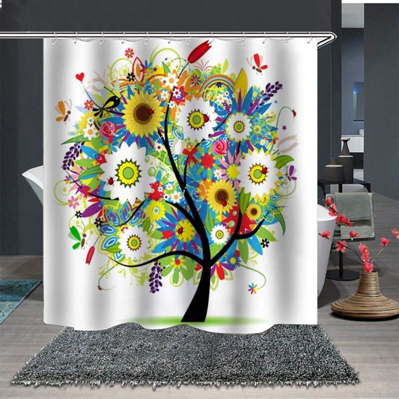 foto del prodotto tenda da doccia impermeabile antimuffa realizzata in tessuto 100 poliestere, tenda da bagno con 12 anelli, albero multicolor e stampa floreale