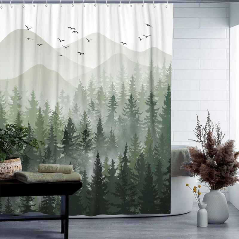 foto del prodotto tenda da doccia impermeabile, tenda da doccia per bagno natura albero pianta bosco decorativo 90x180cm