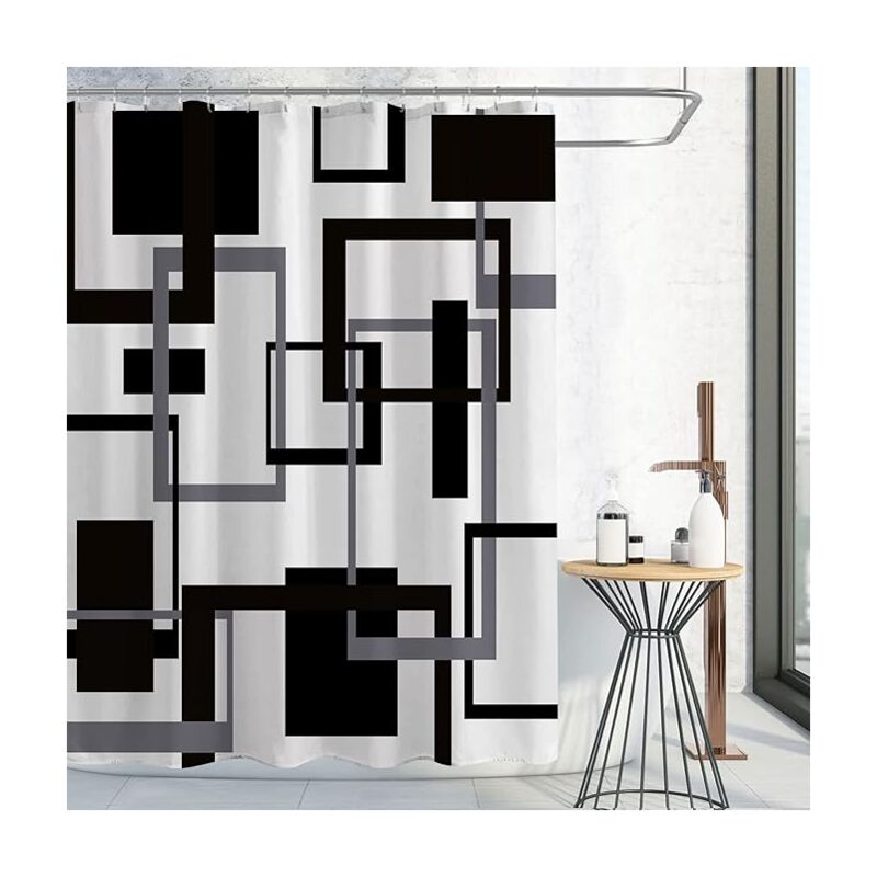 foto del prodotto tenda da doccia in bianco e nero, set di tende da doccia in tessuto geometrico grigio nero, tenda da doccia impermeabile minimalista astratta moderna