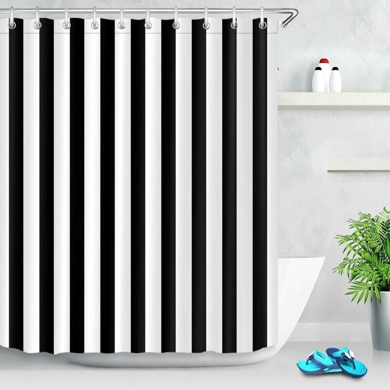 foto del prodotto tenda da doccia in bianco e nero, tenda da bagno a righe, tessuto in poliestere impermeabile 150x180 cm, arredamento elegante per il bagno, gancio e