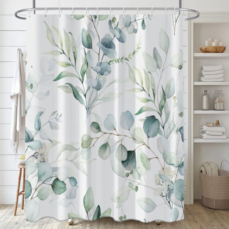 foto del prodotto tenda da doccia in eucalipto 180x180cm, tenda da doccia con foglie verdi floreali bianche, tenda da bagno antimuffa impermeabile, tenda da bagno in