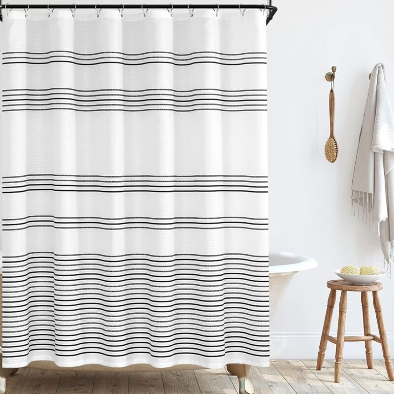foto del prodotto tenda da doccia in tessuto bianco e nero, moderna tenda da doccia per bagno, tenda da doccia a righe nere, tenda da doccia estiva impermeabile per