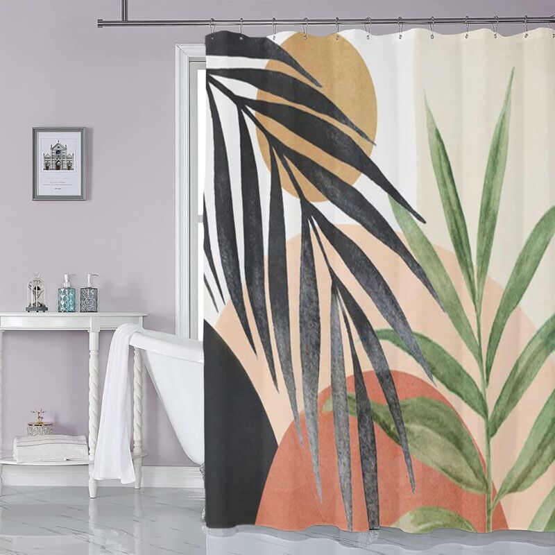 foto del prodotto tenda da doccia in tessuto boho di met secolo, con foglie tropicali astratte, 182,9 x 182,9 cm sollbry