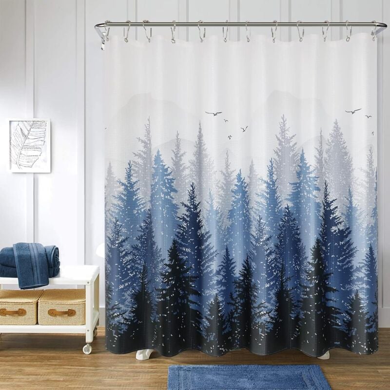 foto del prodotto tenda da doccia in tessuto con motivo a foresta di montagna, albero, natura, set di tende da doccia blu, per bagno, tende da doccia idrorepellenti,