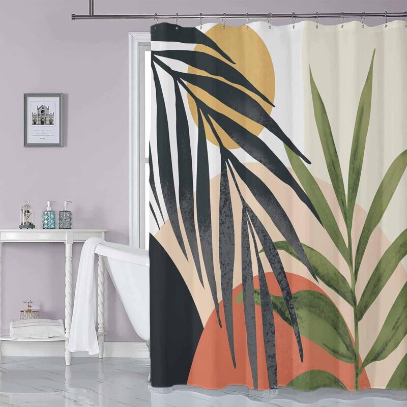 foto del prodotto tenda da doccia in tessuto per bagno, stile mid century boho, con pannelli per vasca da bagno con foglie tropicali astratte e ganci, decorazione