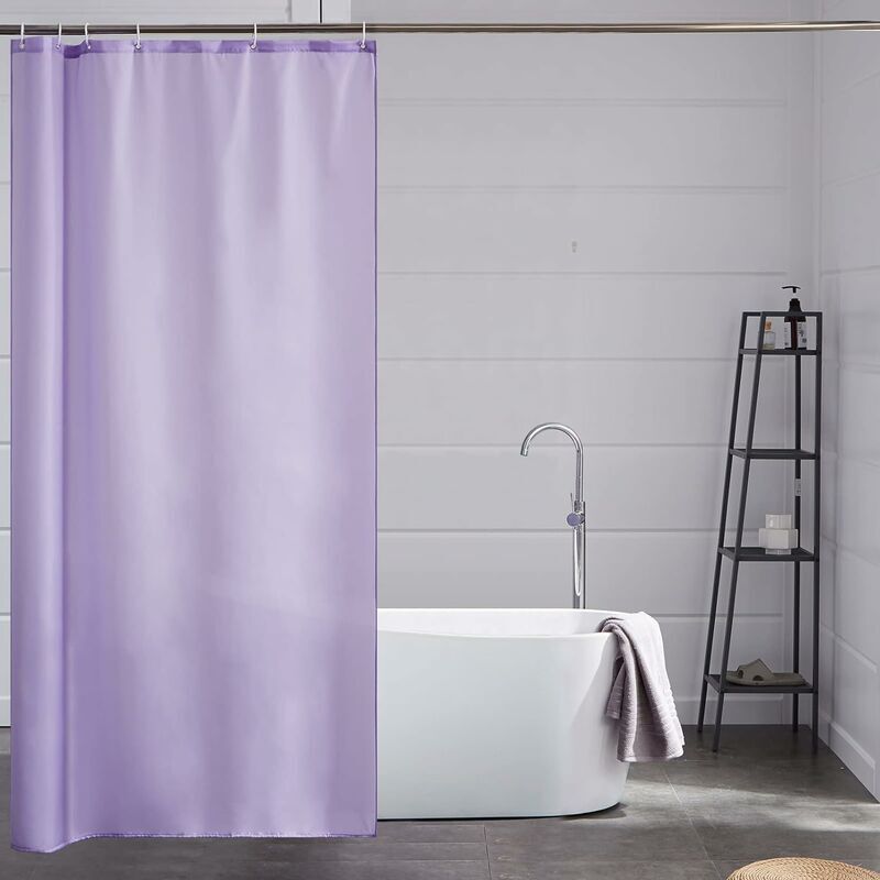foto del prodotto tenda da doccia lavabile in lavatrice, antimuffa, in tessuto di poliestere viola, piccola tenda da doccia impermeabile per vasca o bagno con 8 ganci,