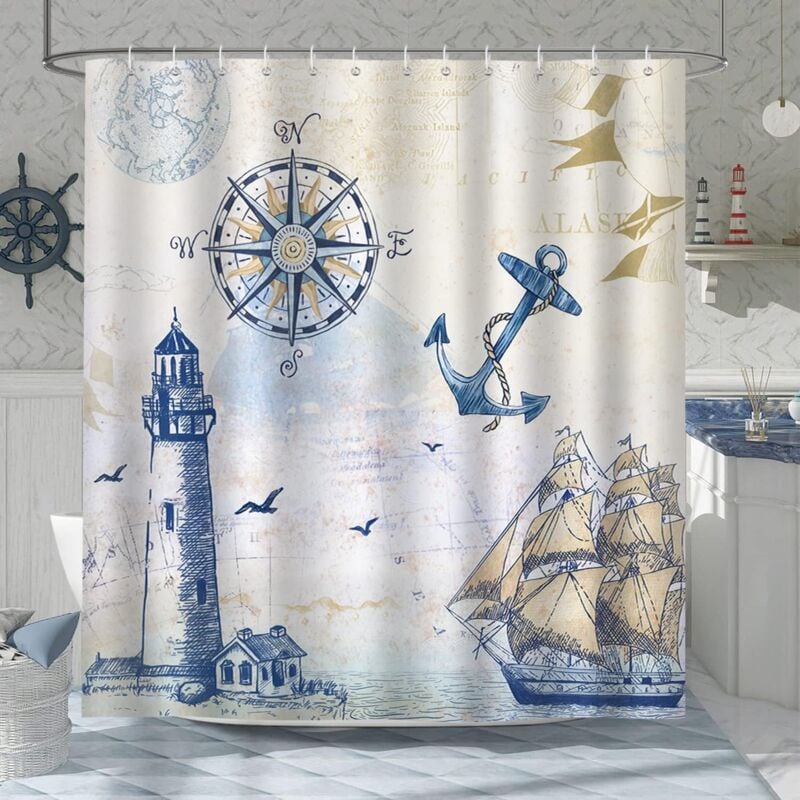 foto del prodotto tenda da doccia marittima, tenda da bagno vintage poliestere con ancora nautica, impermeabile, lavabile