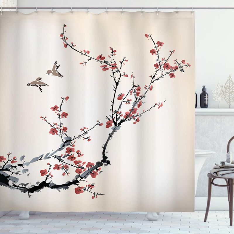 foto del prodotto tenda da doccia nature, set di decorazioni per il bagno in tessuto con stile uccelli, con ganci, 180 cm x 180 cm, bordeaux nero