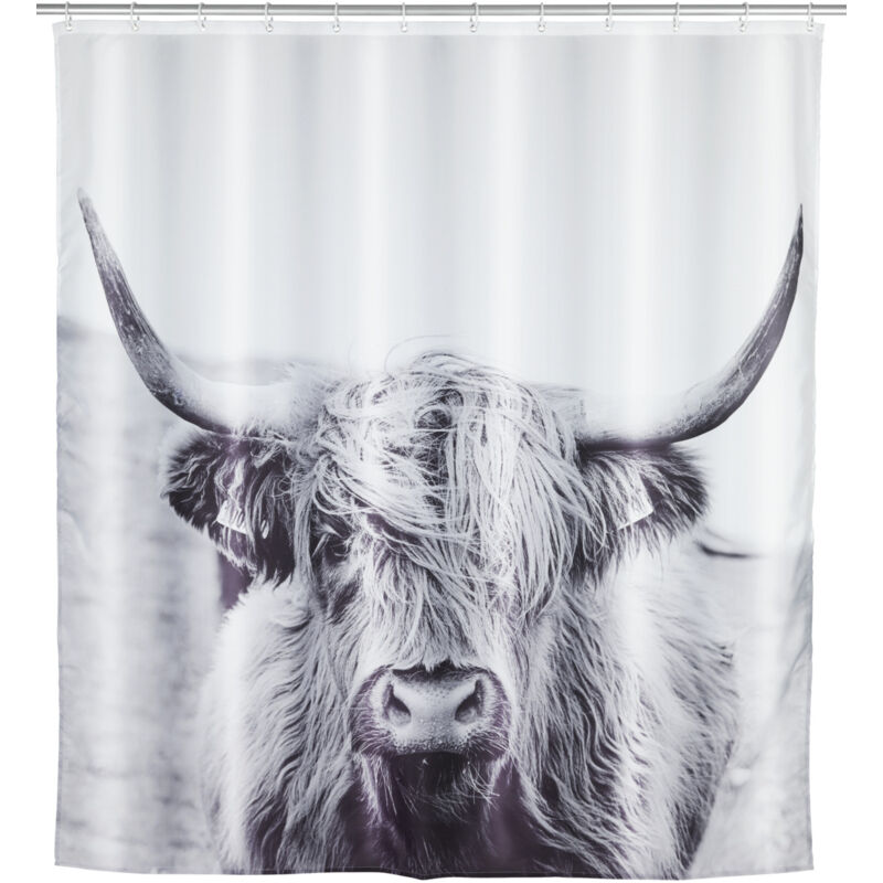 foto del prodotto tenda da doccia originale yak, tenda da doccia 180x200 cm, lavabile in lavatrice e impermeabile, 12 anelli per tenda da doccia in plastica bianca