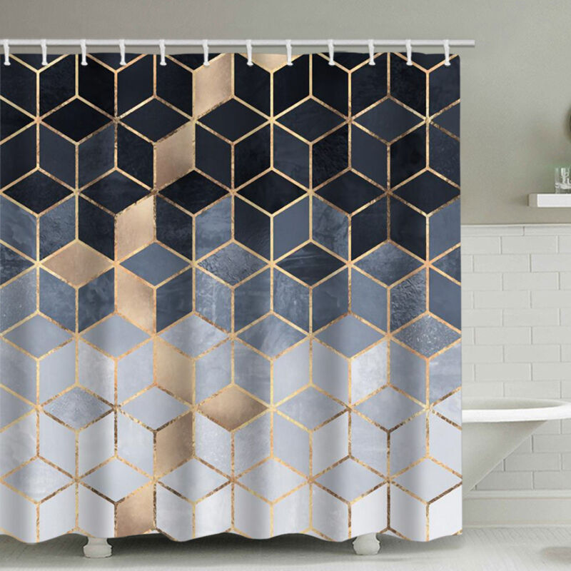 foto del prodotto tenda da doccia sfumata blu, set di tende da doccia geometriche moderne, set di linee cubiche dorate per il bagno sollbry