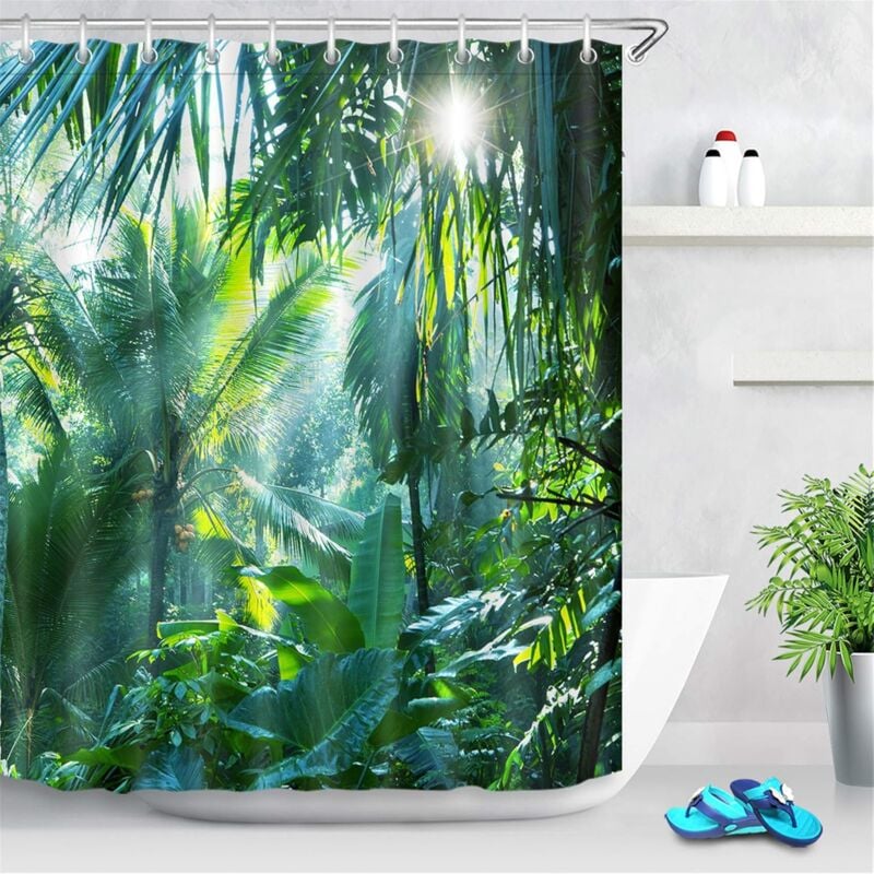 foto del prodotto tenda da doccia tenda da doccia per bagno foresta foglie verdi paesaggio naturale antimuffa impermeabile lavabile 180x180cm