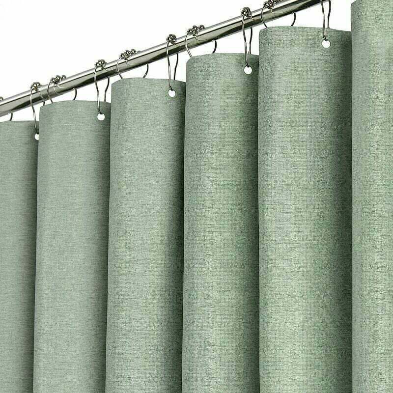 foto del prodotto tenda da doccia verde salvia, set di tende da doccia in tessuto spesso testurizzato in lino con 12 ganci in plastica, resistente alla ruggine,