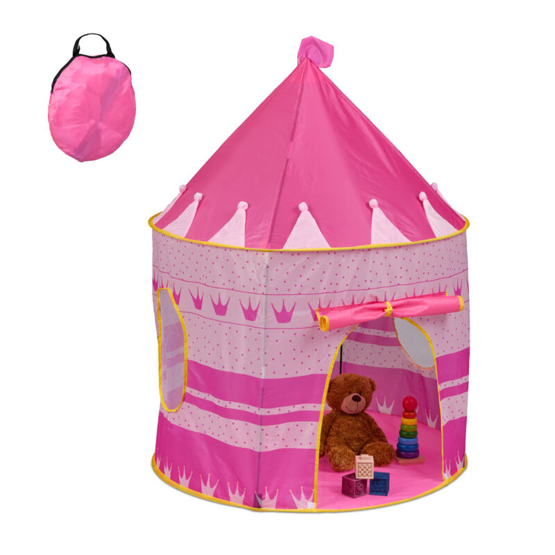 foto del prodotto tenda da gioco a forma di castello da principessa, da interno, giocattolo camera bambini, hxd 135x100cm, rosa relaxdays