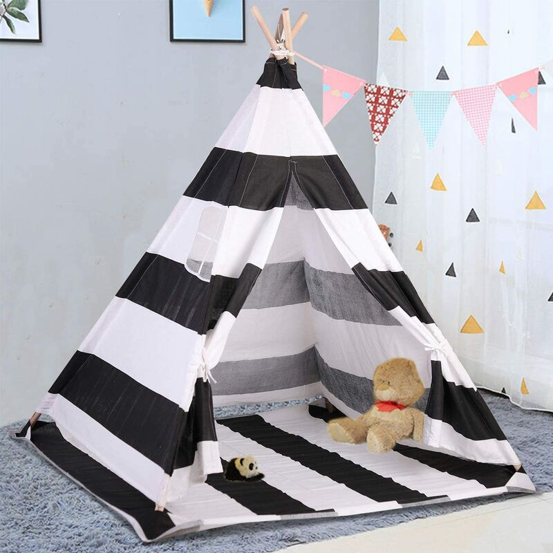 foto del prodotto tenda da gioco indiana per bambini, tenda teepee pieghevole capanna naturale con tappetino tenda da interno ed esterno per bambini color zebra