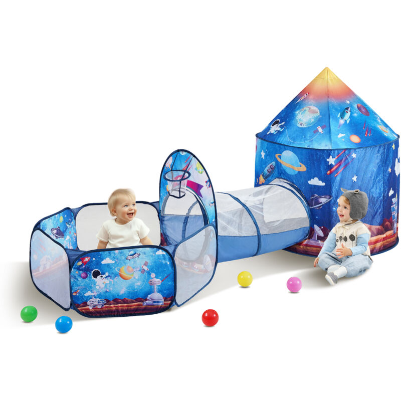 foto del prodotto tenda da gioco per bambini 3 in 1 con tunnel neonati bambini, interni esterni con borsa per il trasporto e cinghie regali di compleanno, tema razzo