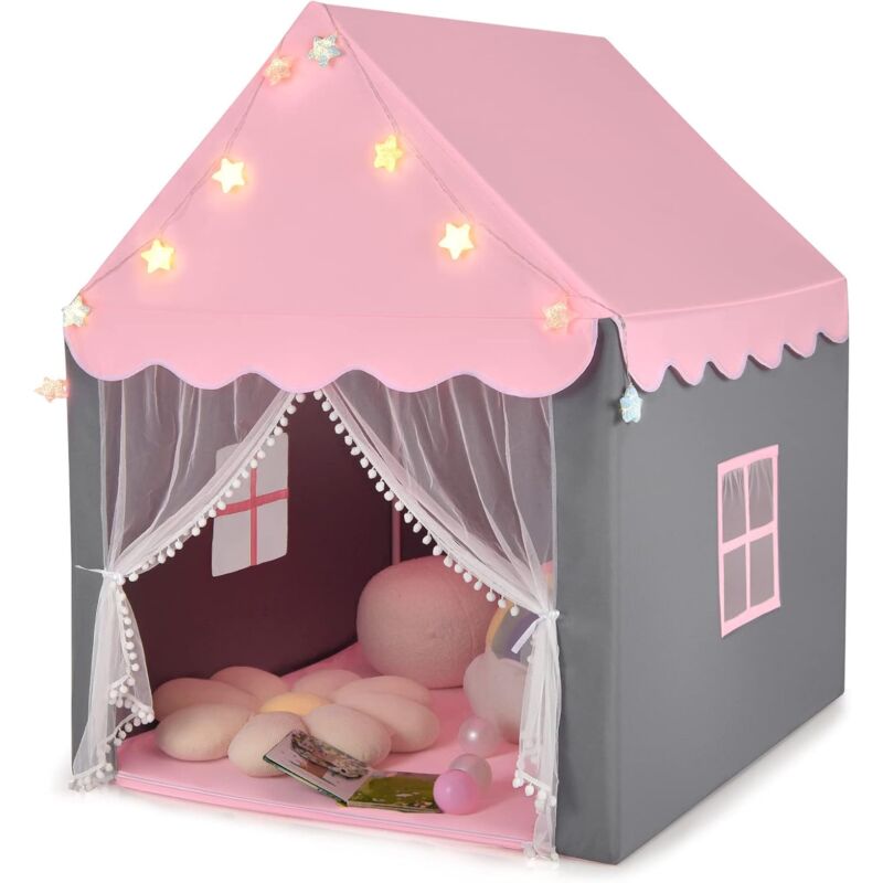 foto del prodotto tenda da gioco per bambini, tenda castello con tappetino lavabile, luci a forma di stella, per interno ed esterno, 105 x 121 x 136 cm costway