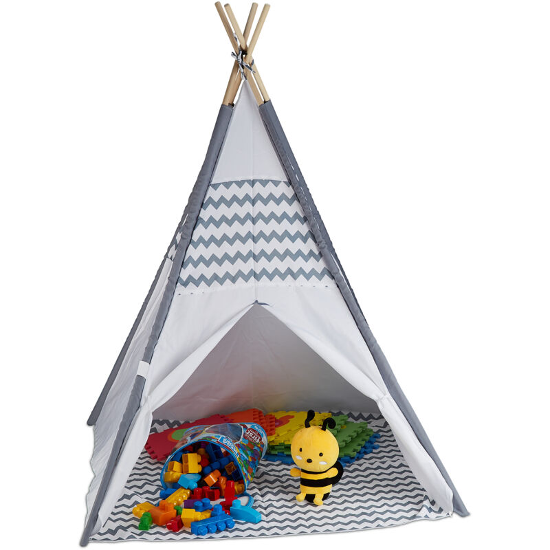 foto del prodotto tenda da indiani per bambini, con fondo, teepee giocattolo con custodia, hlp 150 x 120 x 120 cm, bianca grigia relaxdays